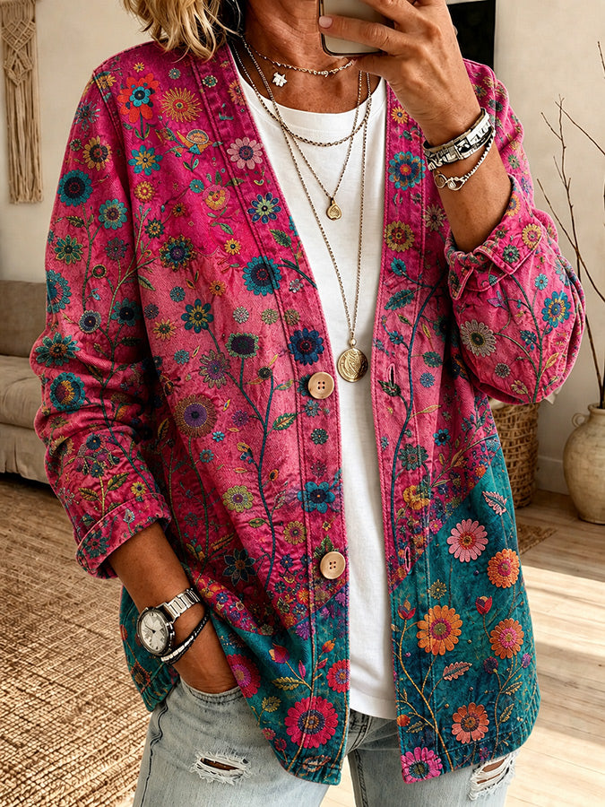 Women'S Casual Pink Floral Cardigan Top