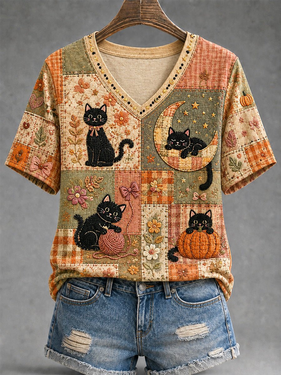 Women's Autumn Floral Plaid Patchwork Black Cat Print T-Shirt