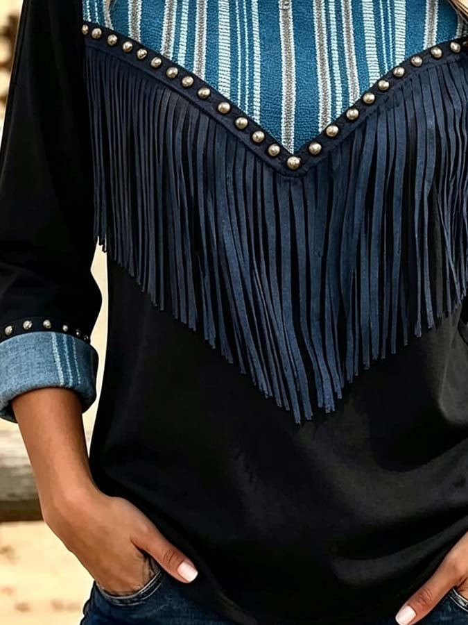 Women'S Casual Printed Top With Tassel And Panel Details
