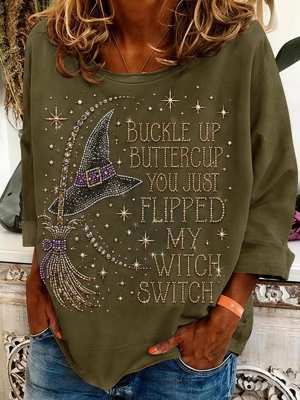 Women's "Buckle Up Buttercup, You Just Flipped My Witch Switch" Graphic Crew Neck 3/4 Sleeve T-Shirt