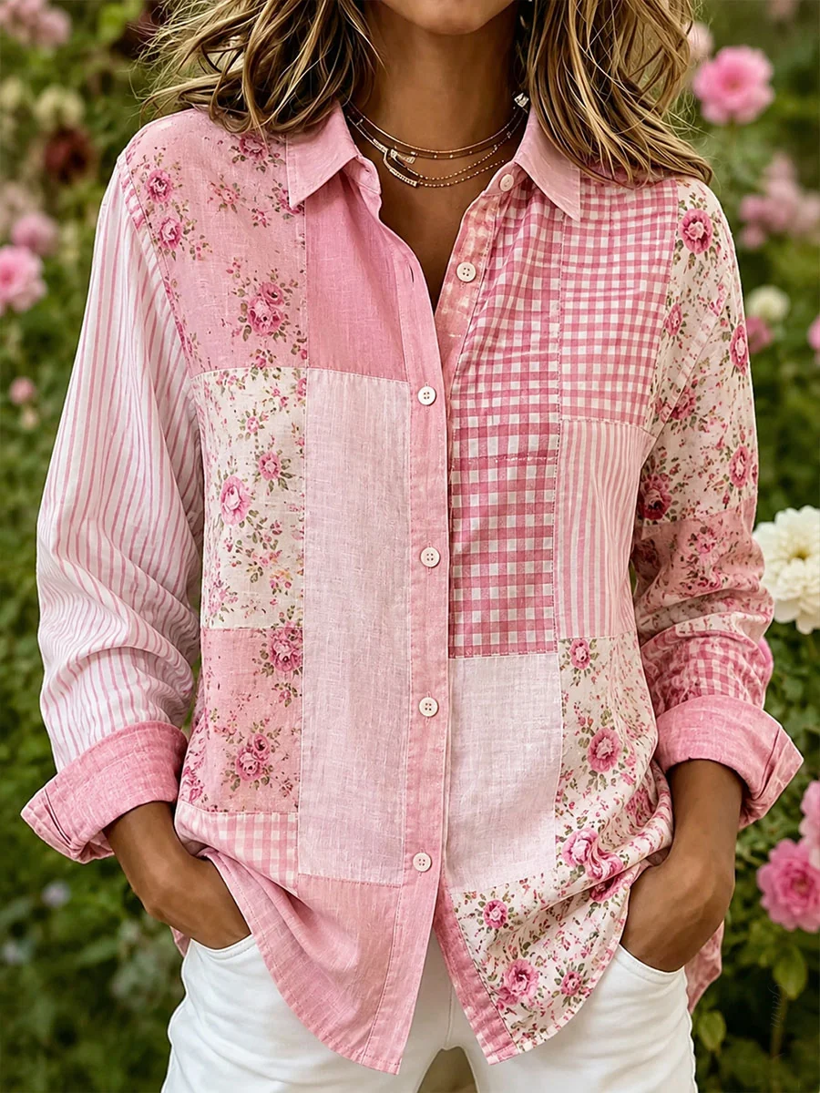 Women'S Pink Floral Patchwork Art Cotton Linen Shirt