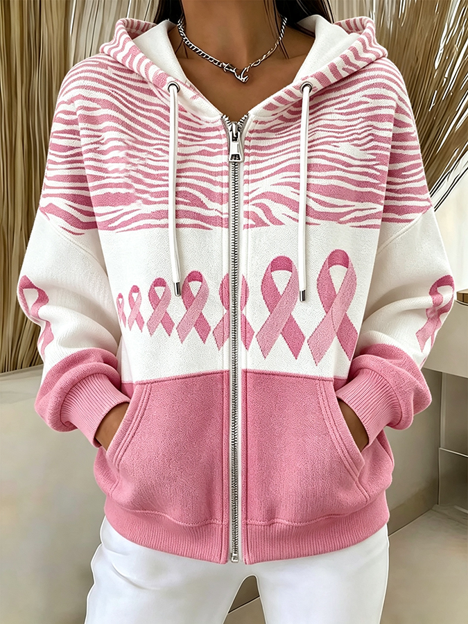 Women'S Contrasting Color Spliced Zipper Hooded Sweatshirt