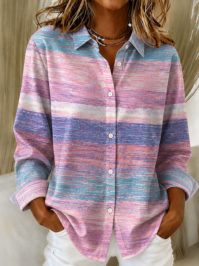 Women'S Pink Gradient Printed Lapel Long Sleeved Shirt