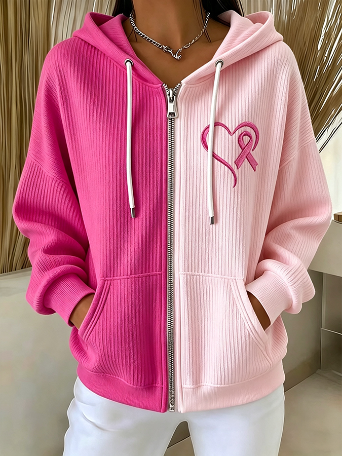 Women'S Casual Spliced Contrasting Zipper Hooded Sweatshirt