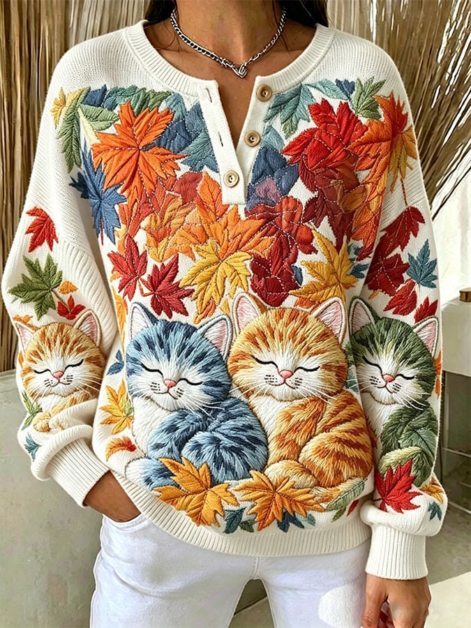 Women's Casual Print Button-Up Collar Knit Top