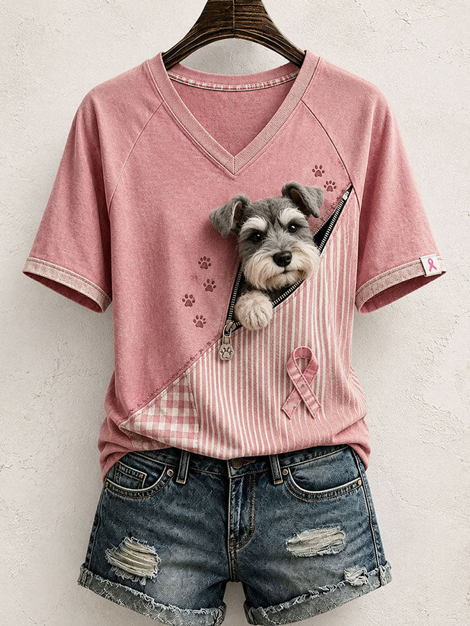 Women'S Cute Dog Pink Ribbon Printed Casual V-Neck T-Shirt