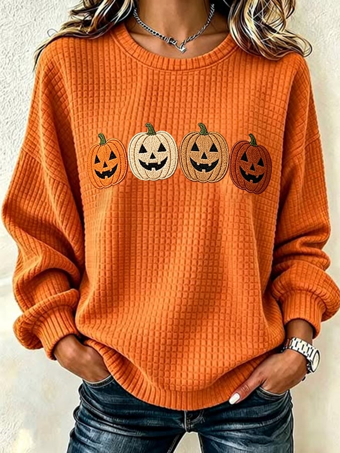 Women's Autumn Pumpkin-Print Crew-Neck Waffle-Knit Sweatshirt