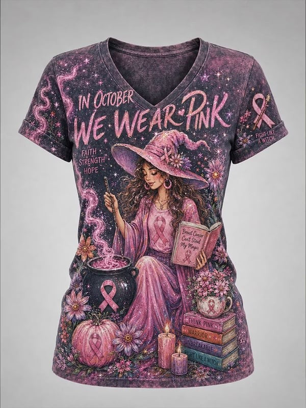Women'S Breast Cancer Halloween Print V-Neck Top
