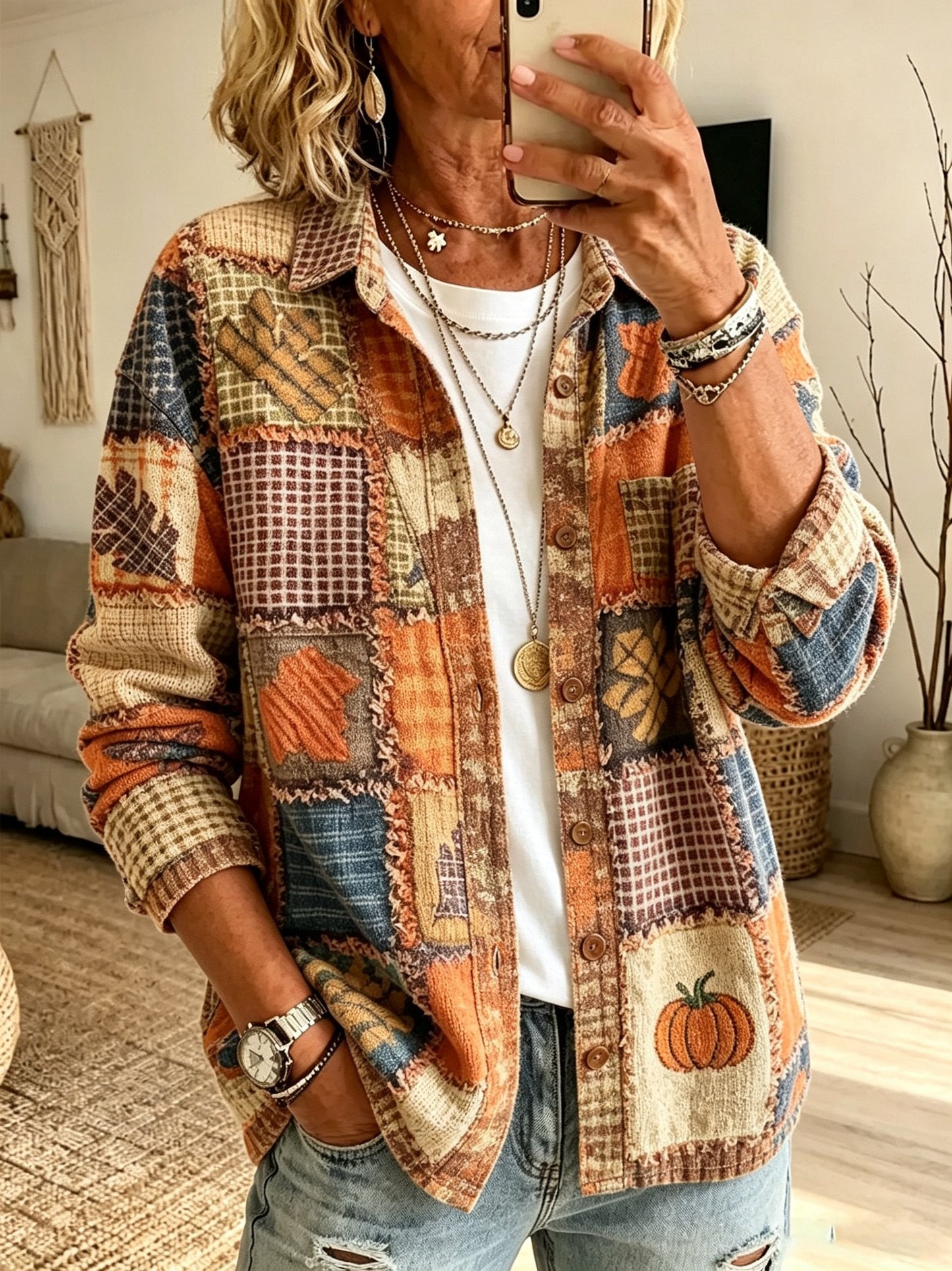 Women's Fall Patchwork Pumpkin Print Corduroy Shirt
