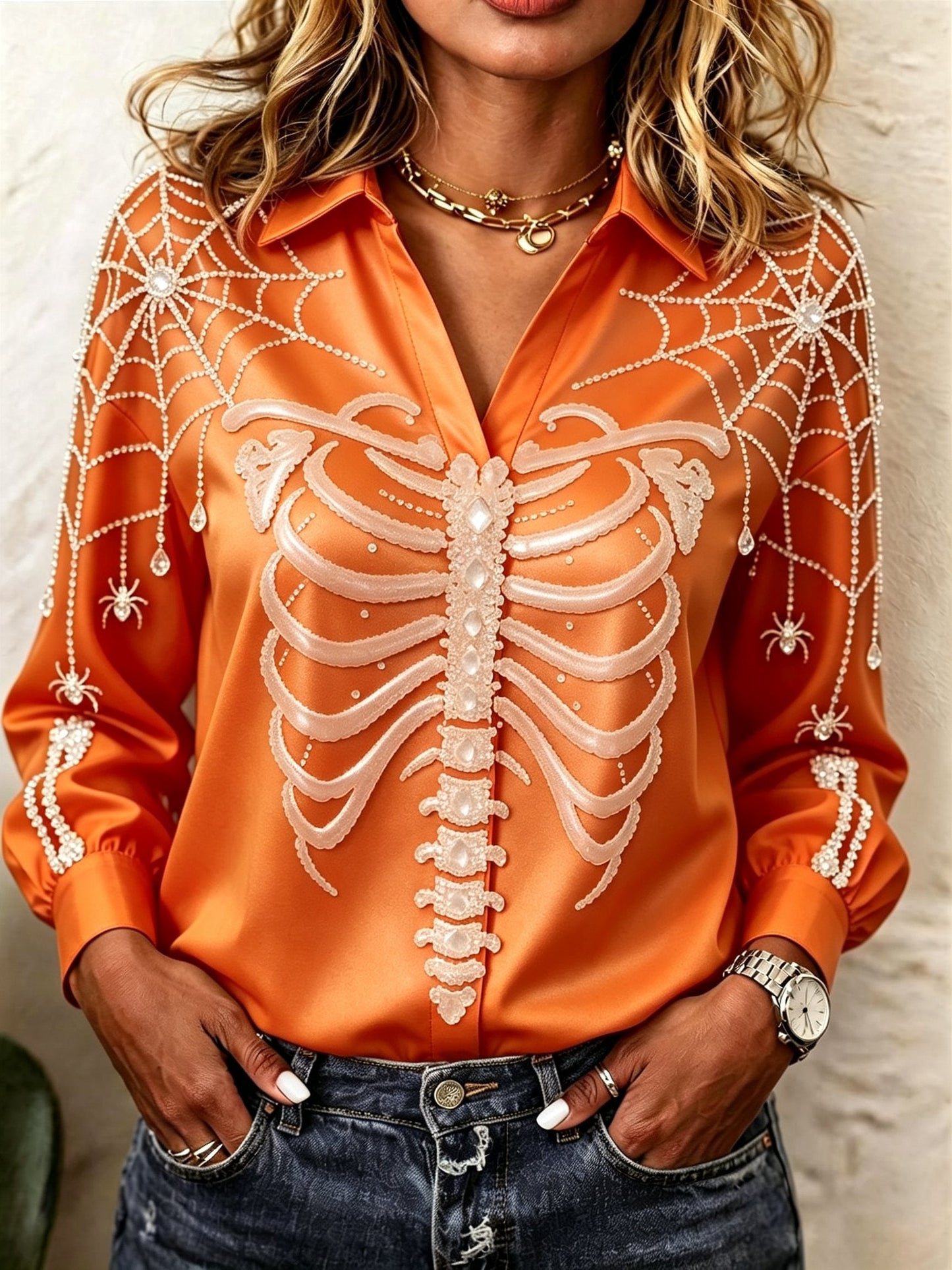 Women's Skull Rhinestone Print Long-Sleeve T-Shirt