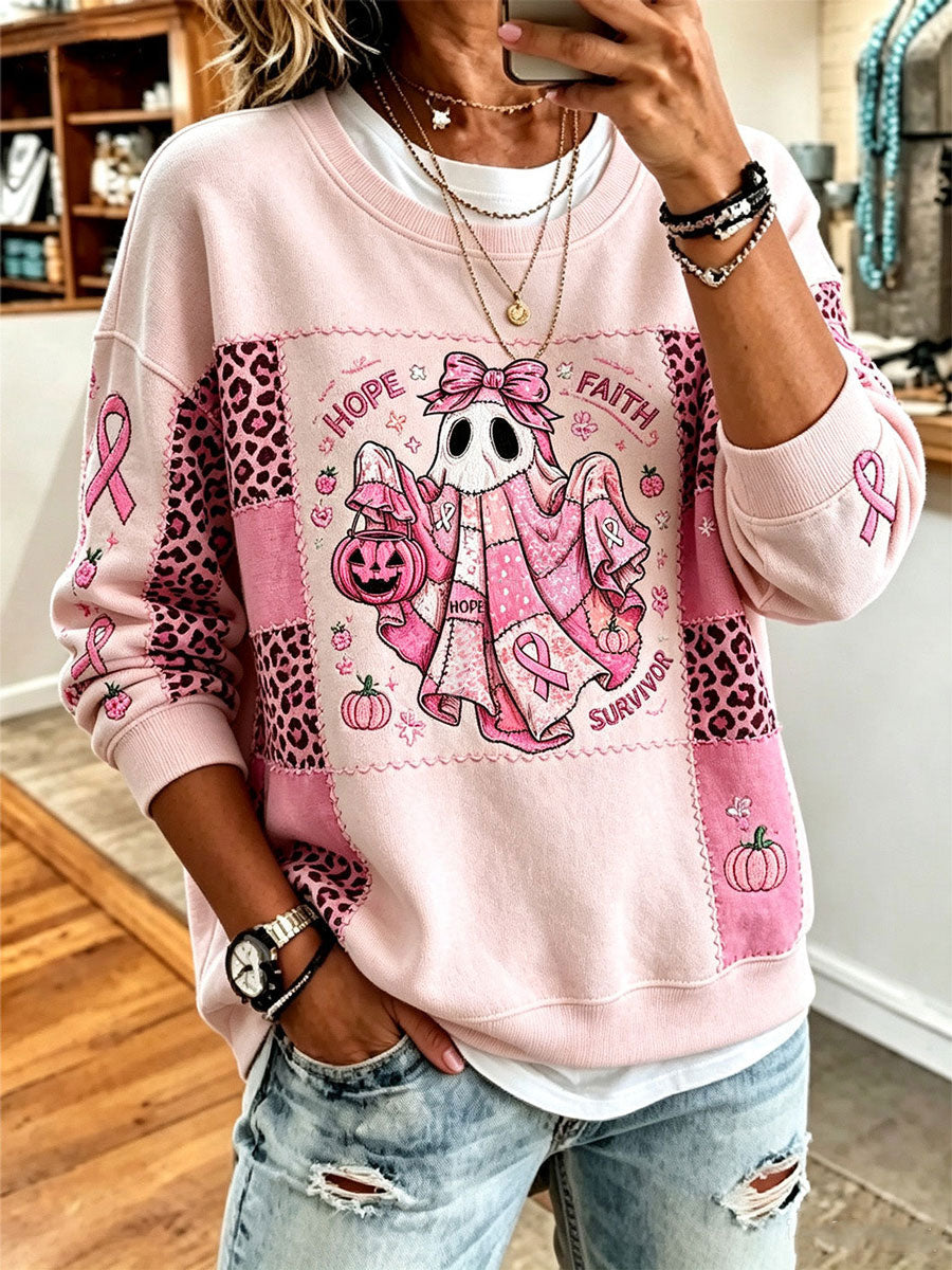 Women'S Breast Cancer Halloween Casual Long Sleeved Sweater
