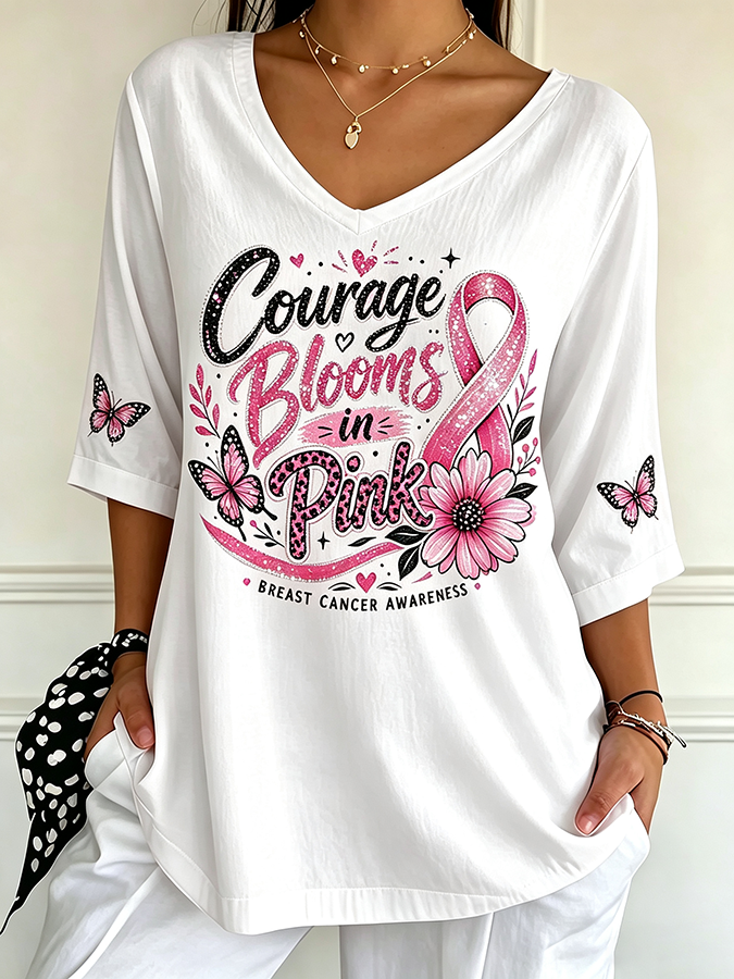 Women's Courage Blooms In Pink Butterfly Breast Cancer Awareness V Neck T Shirt