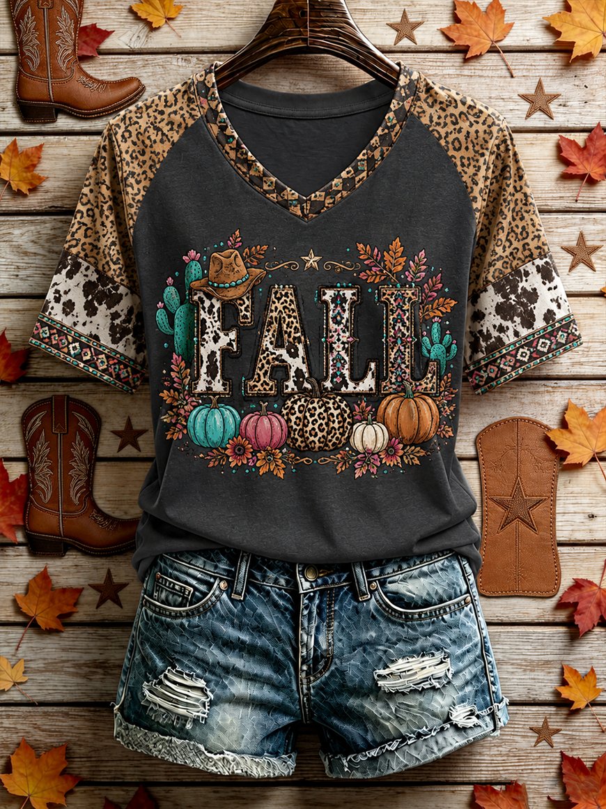 Women's Western Fall Vintage Print T-Shirt