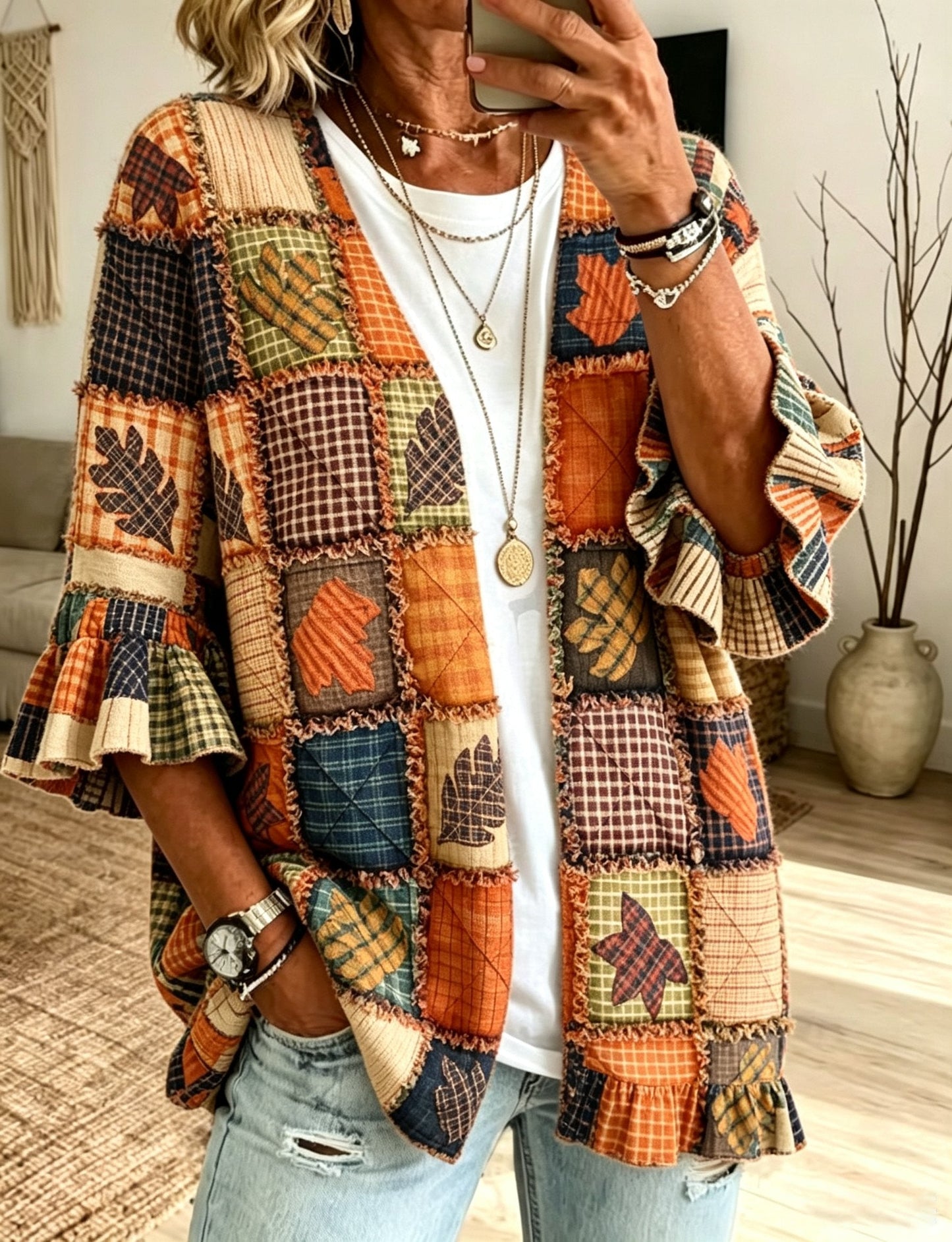 Women's Fall Patchwork Pumpkin Print Cardigan