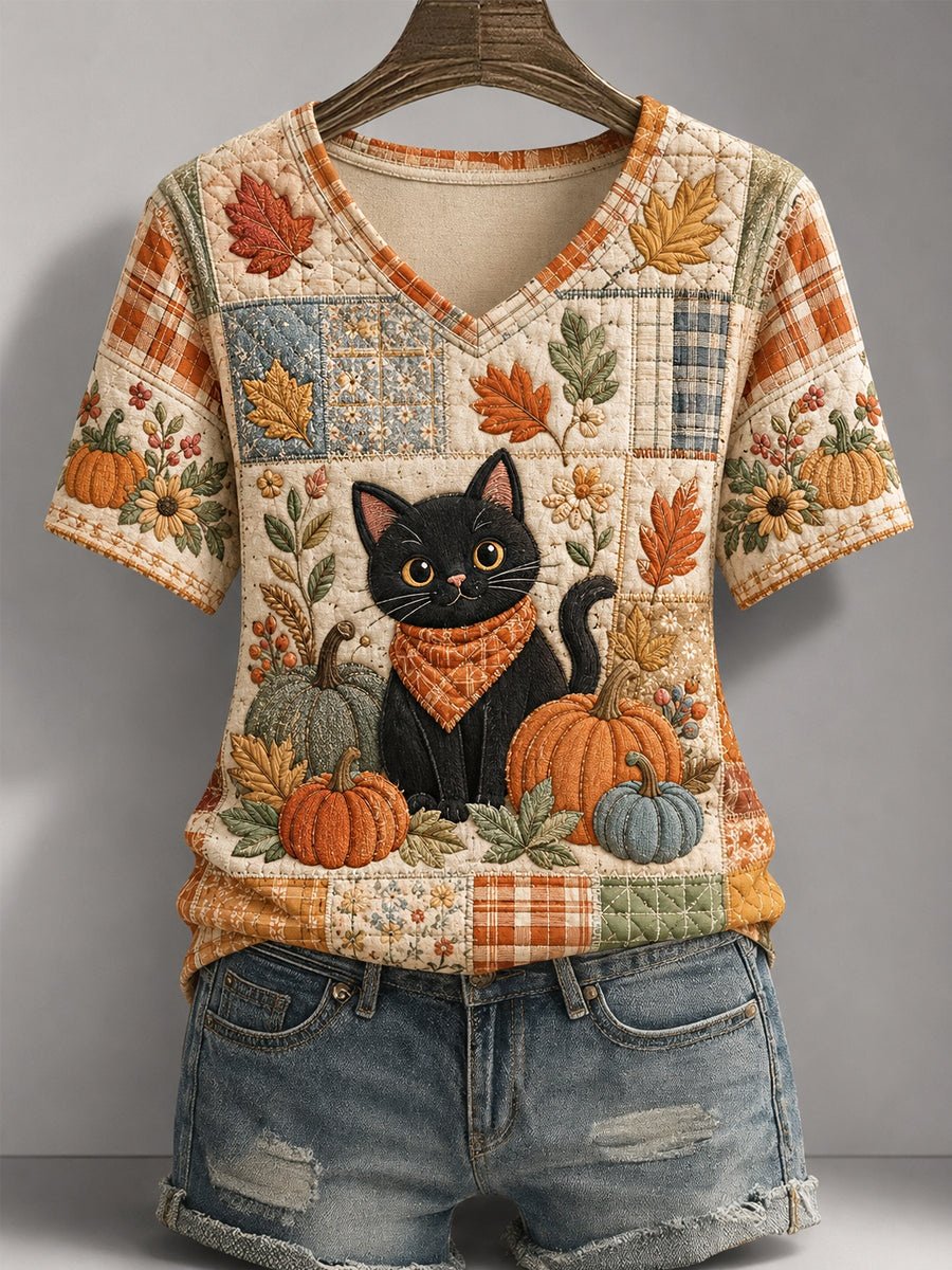 Women's Autumn Floral Plaid Patchwork Black Cat Print T-Shirt