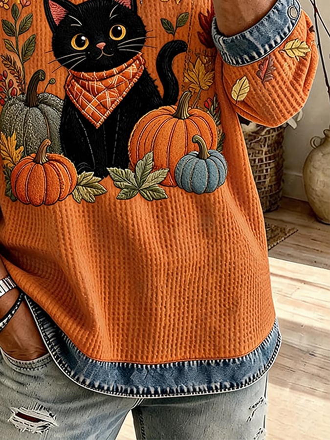 Women's Casual Crew-Neck Printed Panel Sweatshirt