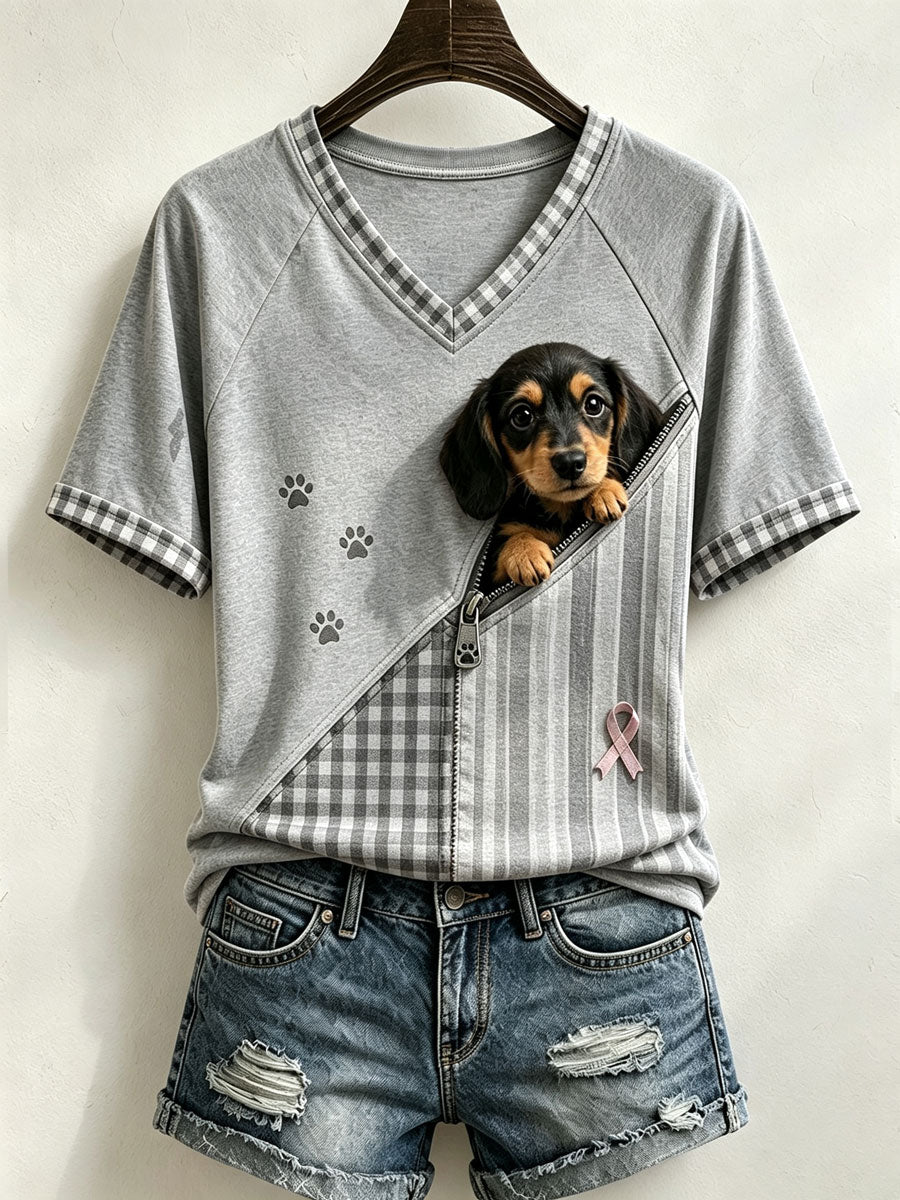 Cute Women'S Spliced T-Shirt Adorned With A Dachshund Pattern And Artwork
