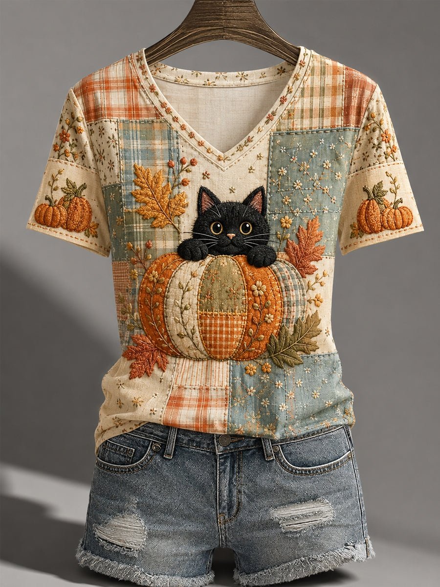 Women's Autumn Floral Plaid Patchwork Black Cat Print T-Shirt