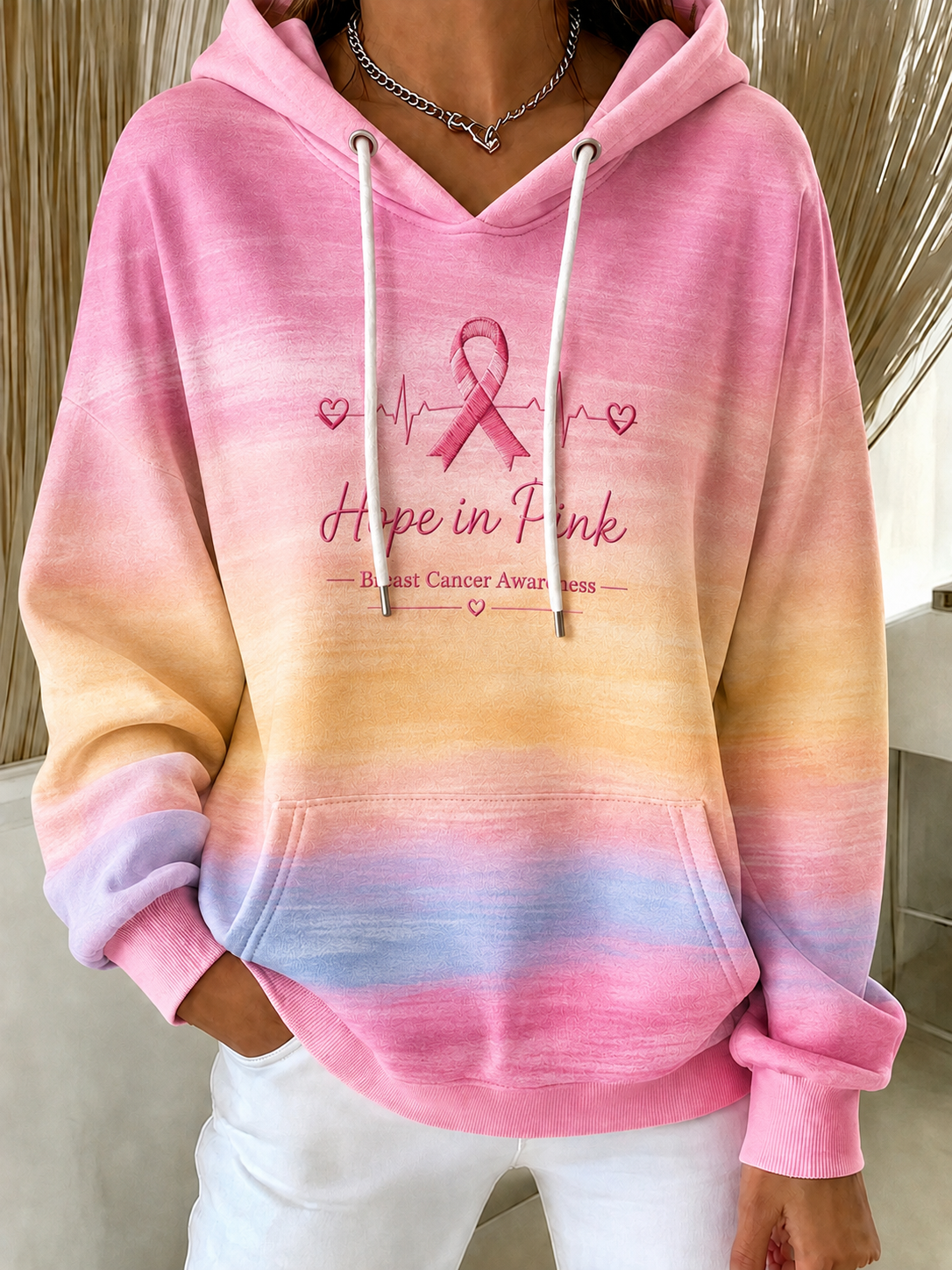 Women'S Pink Art Print Hooded Sweatshirt