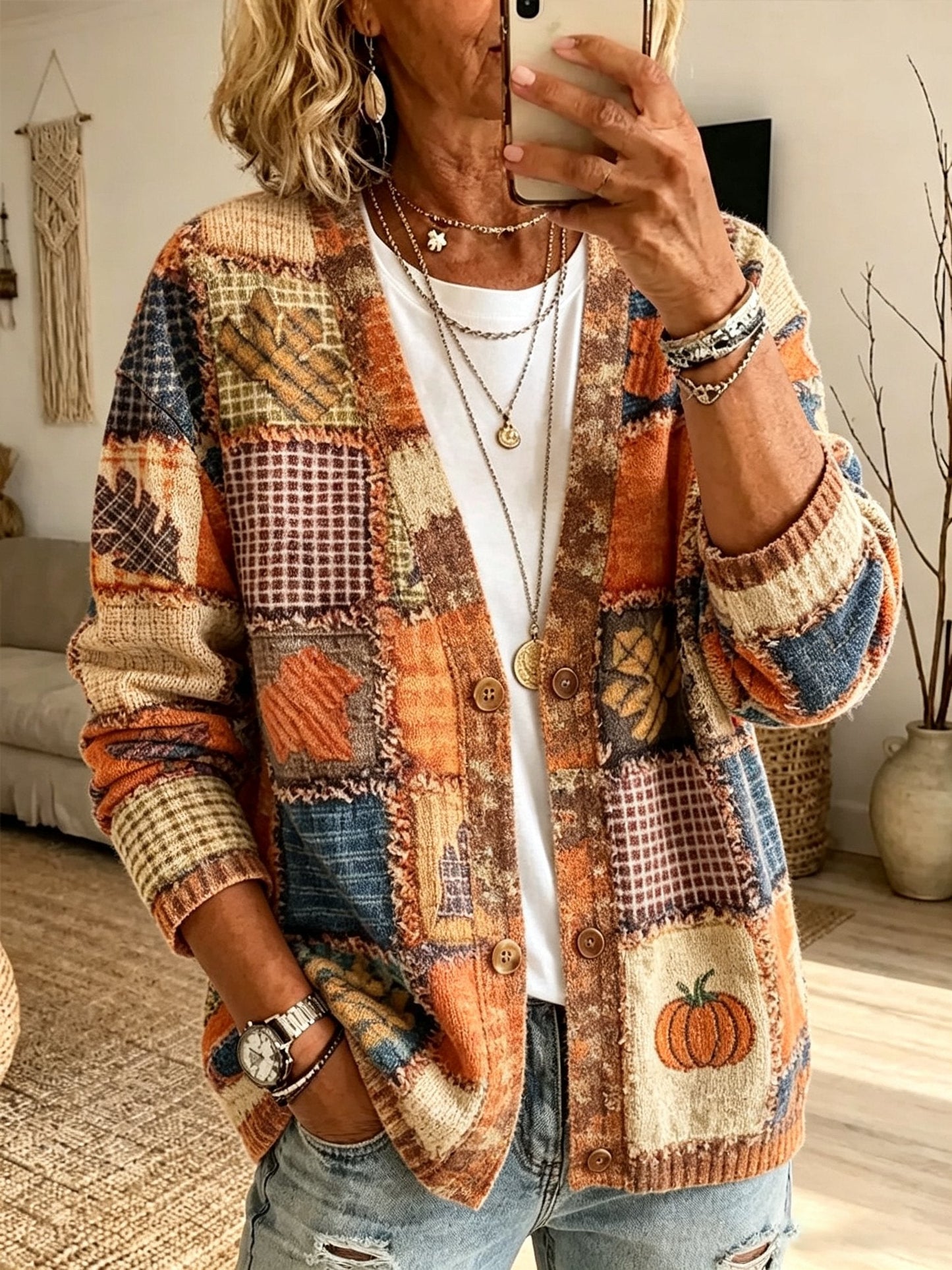 Women's Fall Patchwork Pumpkin Print Cardigan