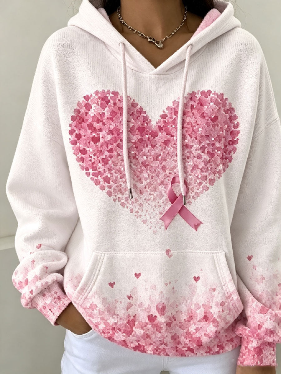 Women'S Breast Cancer Awareness Print Long Sleeve Hooded Sweatshirt