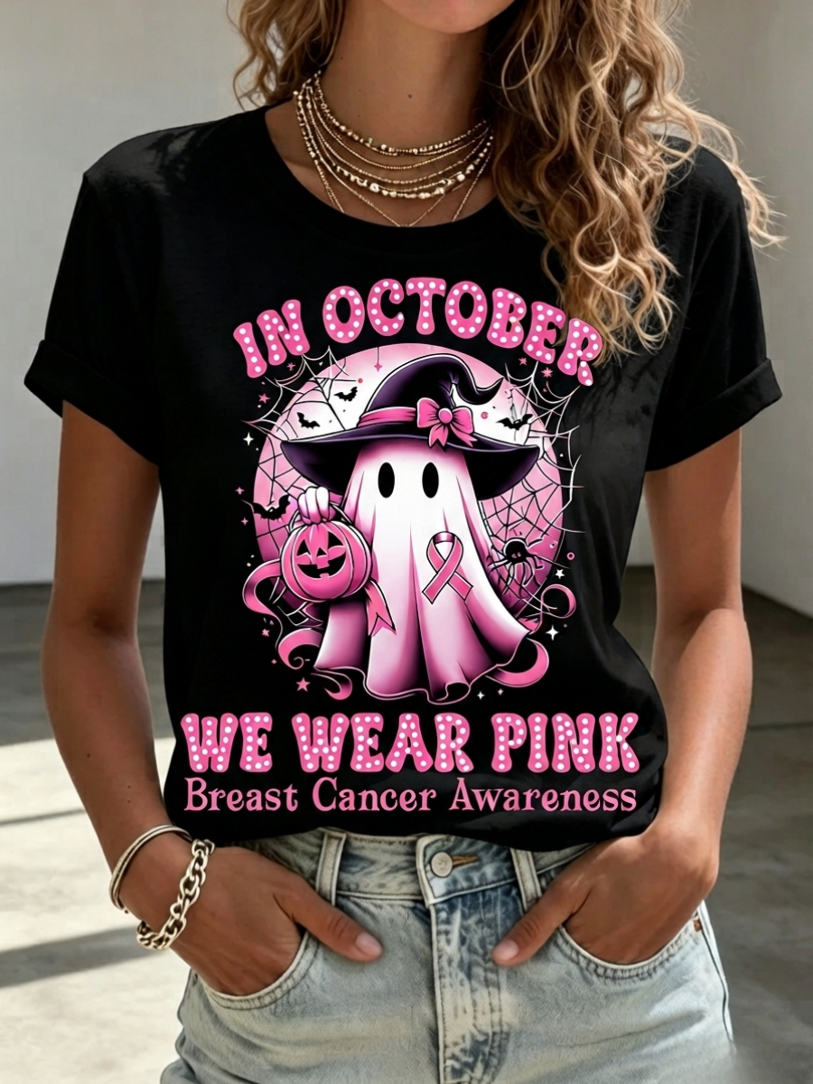 Women's Breast Cancer Awareness Halloween Cat Printed Casual T-Shirt