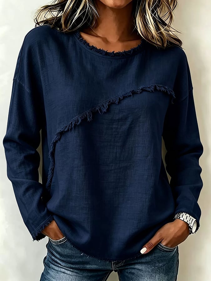 Women'S Round Neck Patchwork Lace Long Sleeve Casual Top