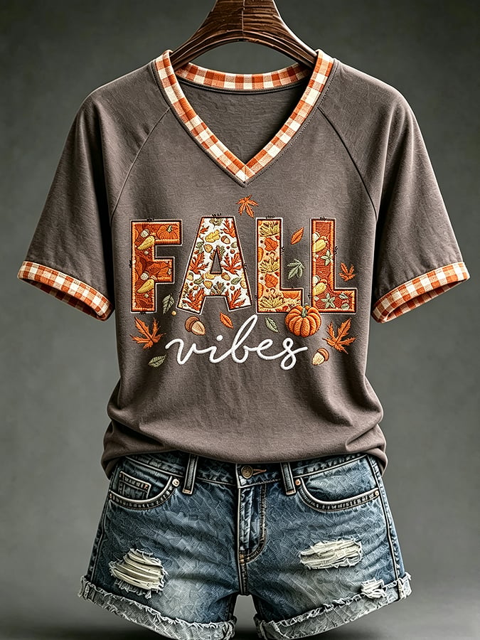 Women's Autumn Pumpkin Fall vibes Print V-Neck T-Shirt
