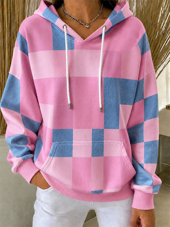 Women'S Casual Checkered Printed Hooded Sweatshirt