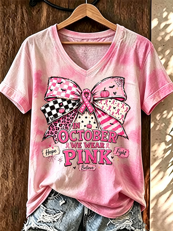 Women'S Breast Cancer Pink Ribbon Print Top