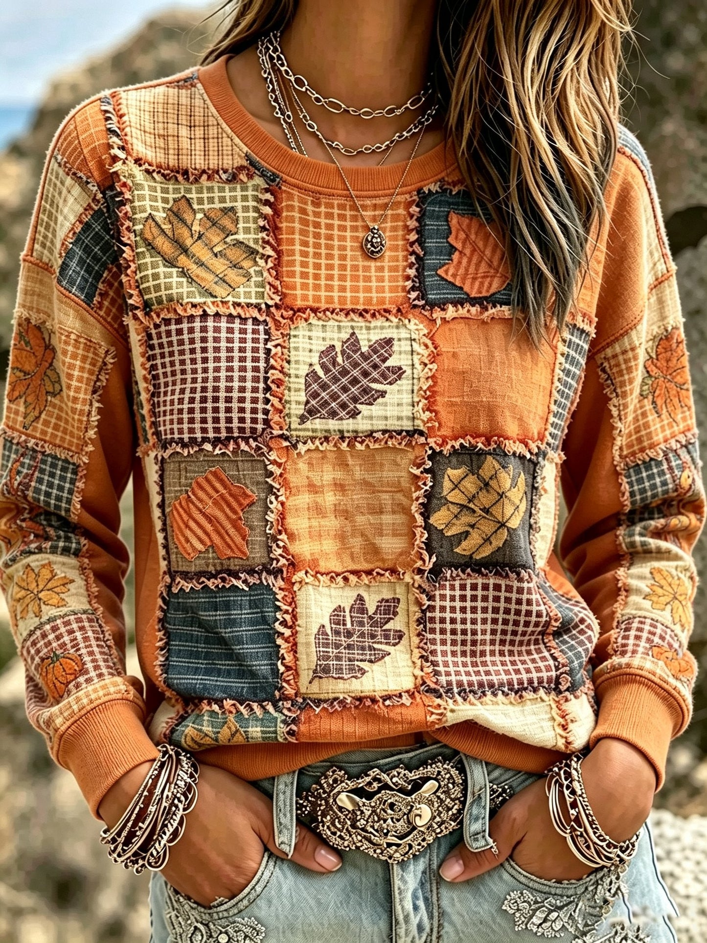 Women's Fall Patchwork Pumpkin Print Long-Sleeve Sweatshirt