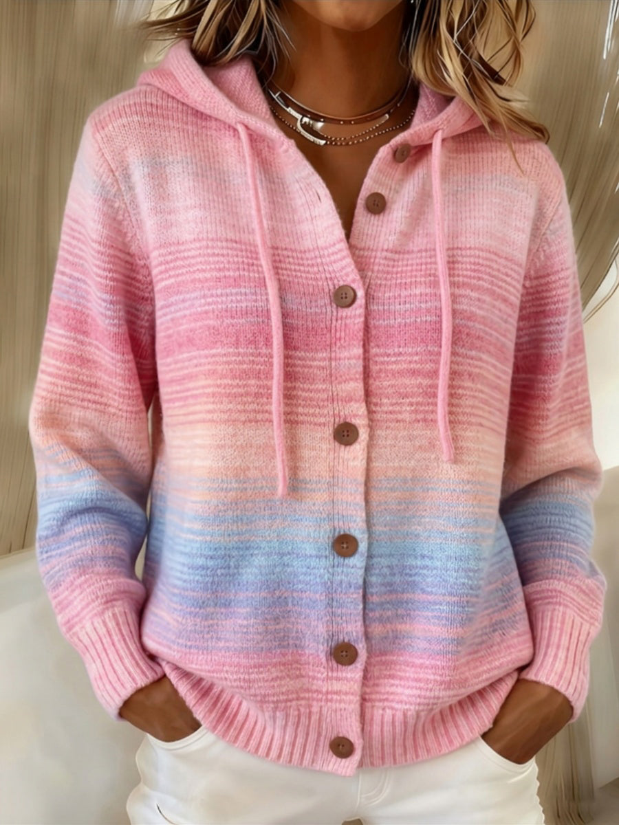 Women's Pink Gradient Pattern Hooded Knit Sweatshirt