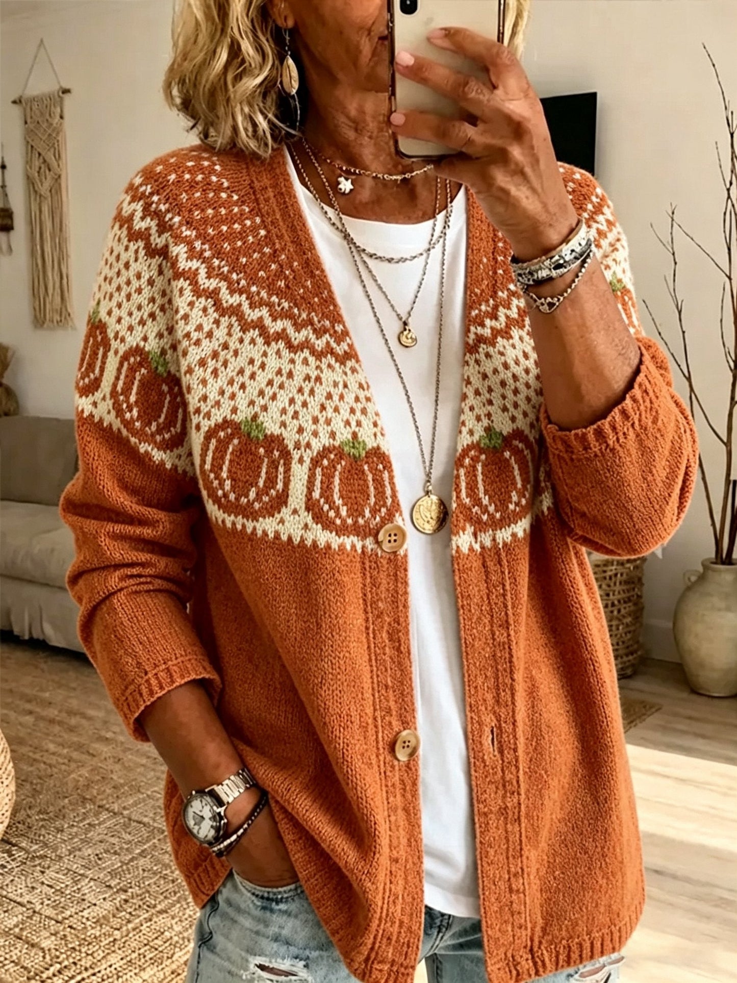 Women's Fall Patchwork Pumpkin Print Cardigan