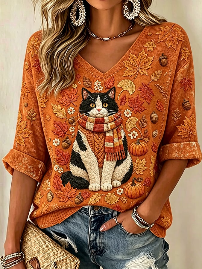 Women's Autumn Fall Cat Printed Top