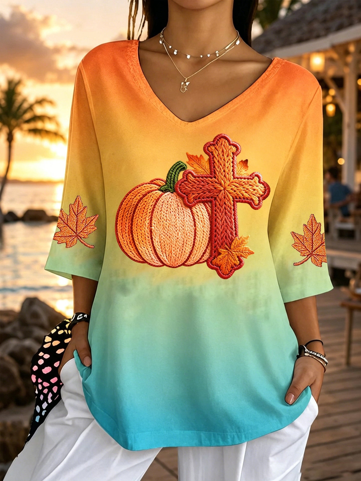 Women's Retro Maple Leaf Pumpkin Print Comfortable T-Shirt