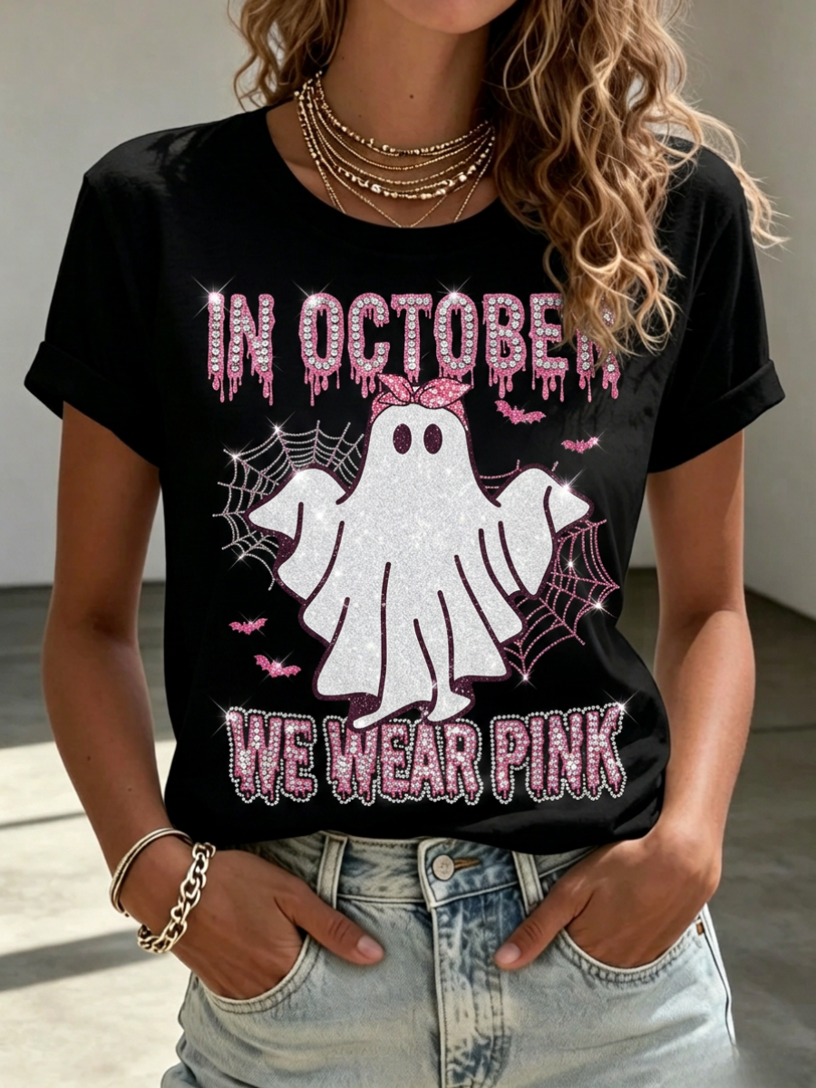 Women's Breast Cancer Awareness Month Halloween Ghost Printed Round Neck T-Shirt