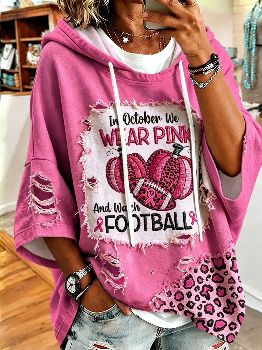 Retro Breast Cancer Awareness Leopard In October We Wear Pink And Watch Football Print Hoodie