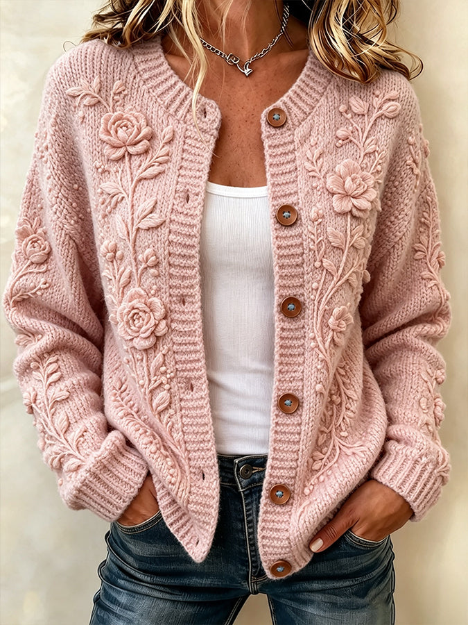 Women's Flower Plant Printed Knitted Cardigan Top