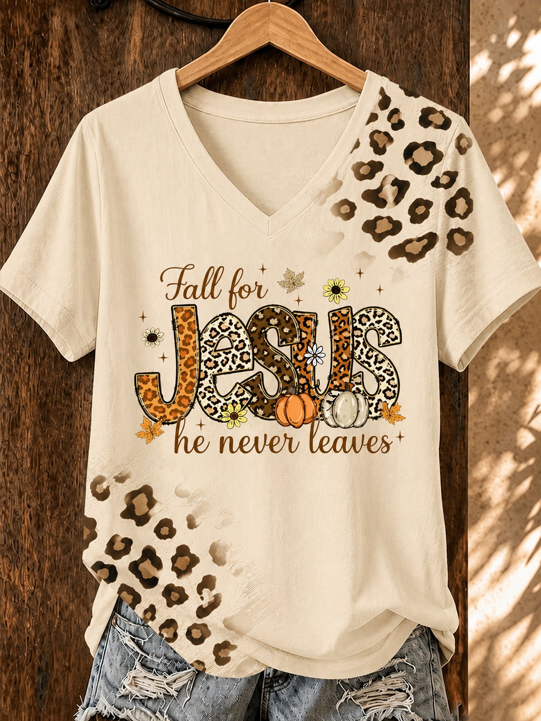 Women's Casual Fall for Jesus He Never Leaves Print Short-Sleeve T-Shirt