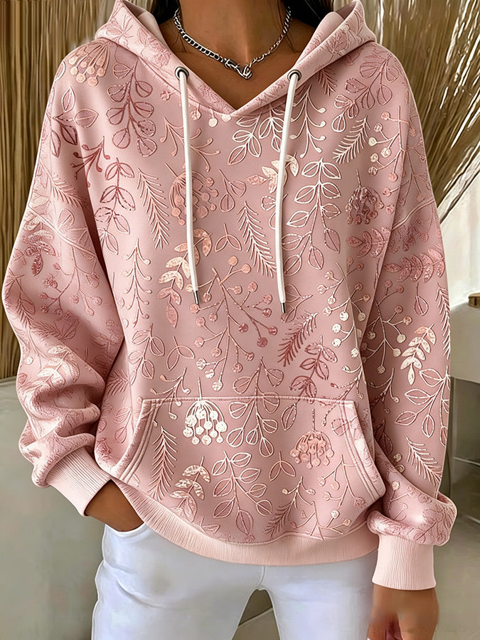 Women'S Casual Pink Floral Hoodie