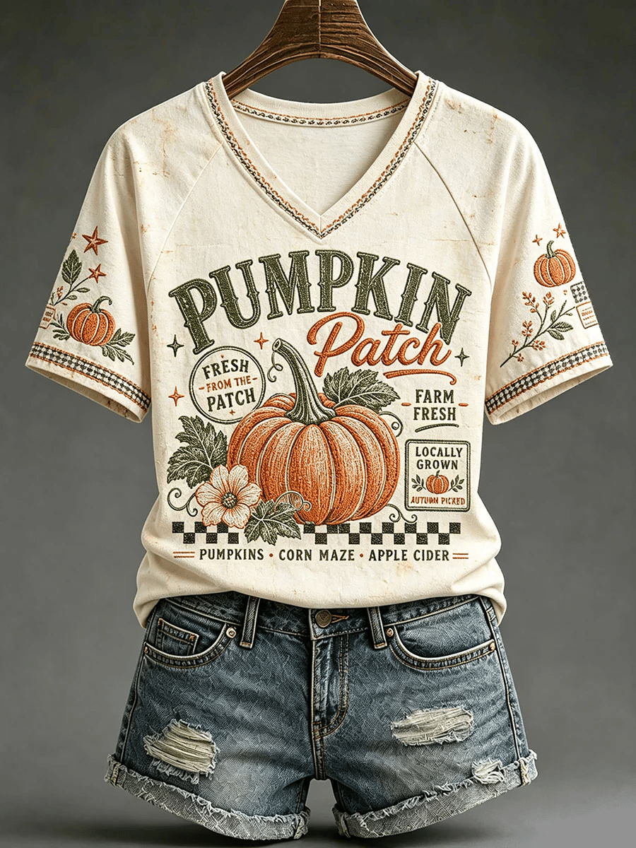 Women's Fall Pumpkin V-Neck T-Shirts