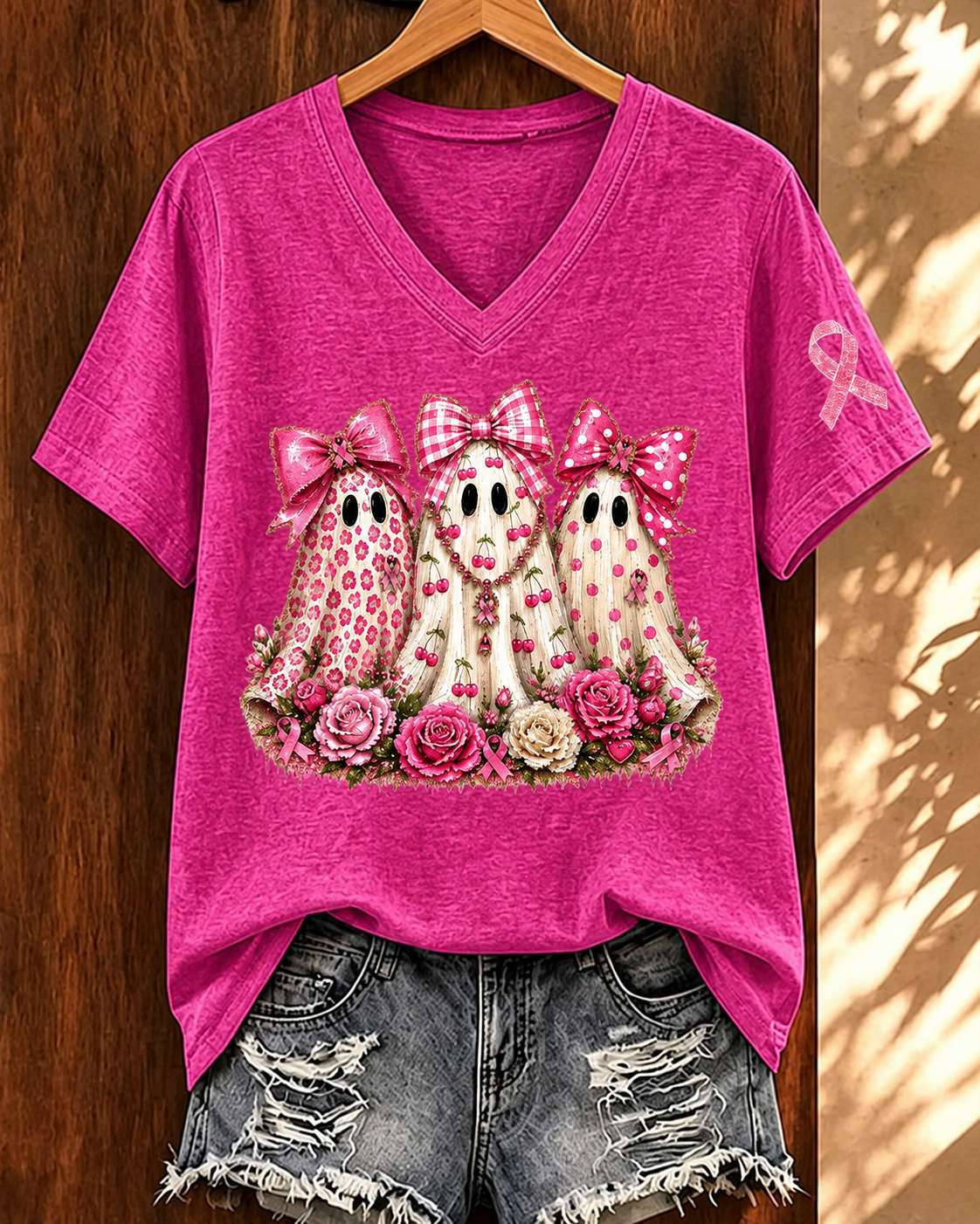 Women'S Breast Cancer Awareness And Ghost Witch Halloween Support Printed T-Shirt