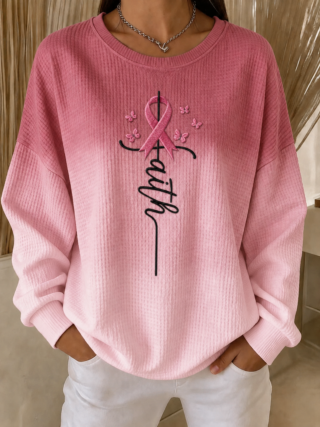 Women'S Casual Gradient Pink Ribbon Faith Hoodie