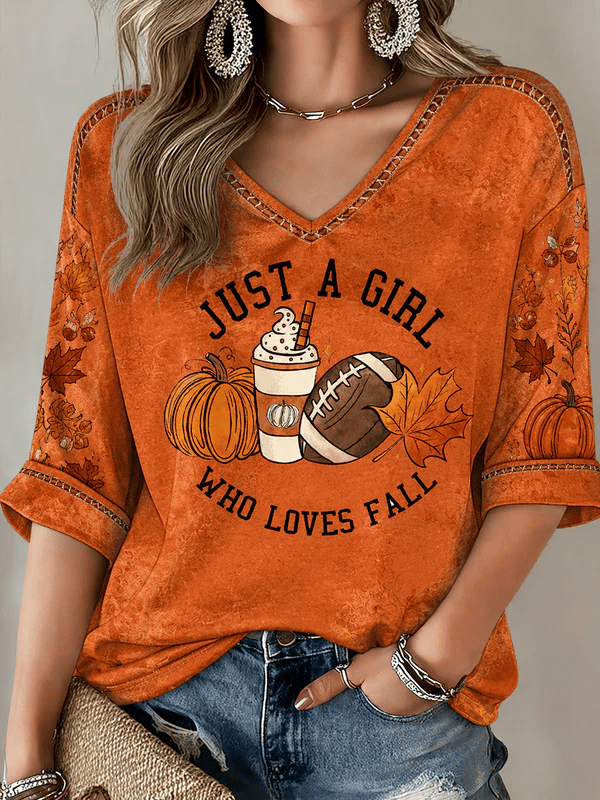 Women's Just A Girl Who Loves Fall Printed Mid-length Sleeves V-Neck T-Shirt