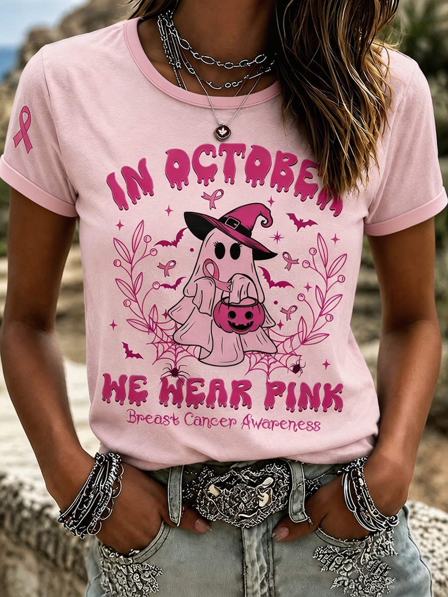 Women's Halloween Ghost Witch Pink Ribbon Breast Cancer Short Sleeve T-Shirt
