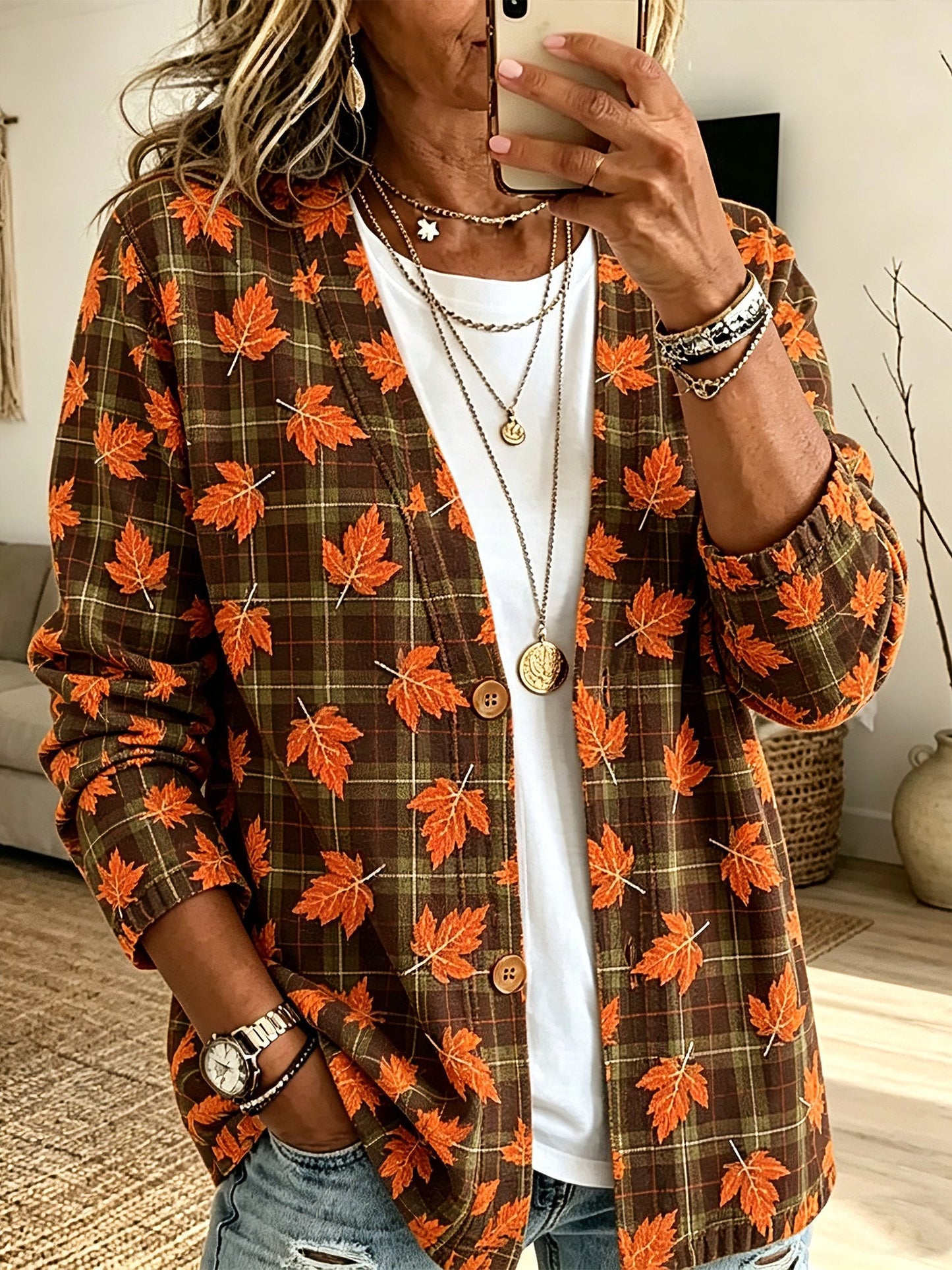 Women's Autumn Plaid Print Cardigan
