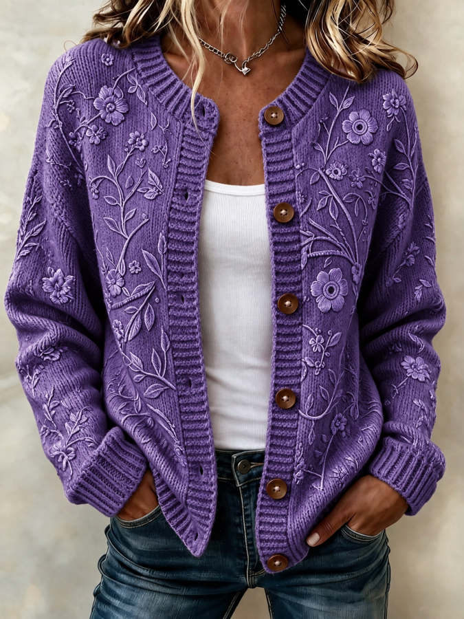 Women'S Floral Printed Knitted Cardigan Top