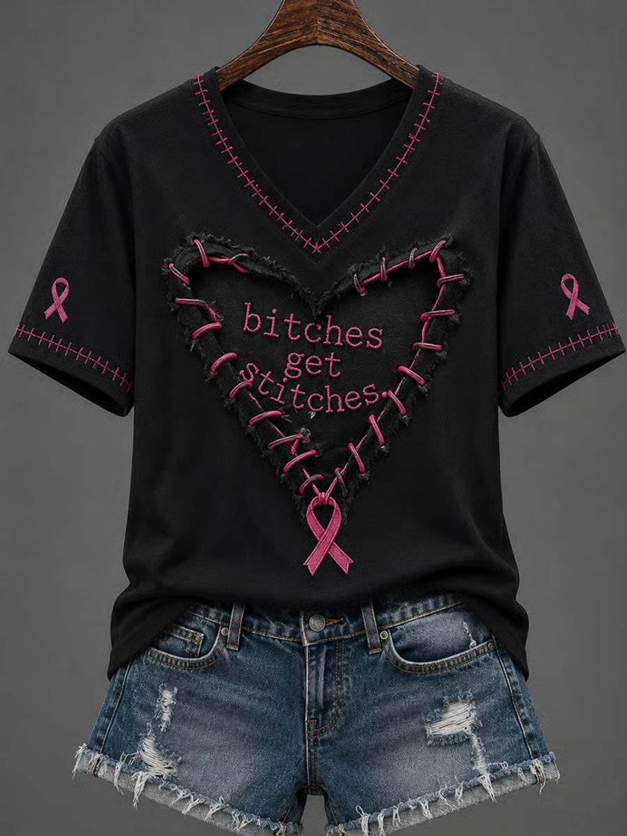 Women's Simple Breast Cancer Awareness Letter V-Neck T-Shirt