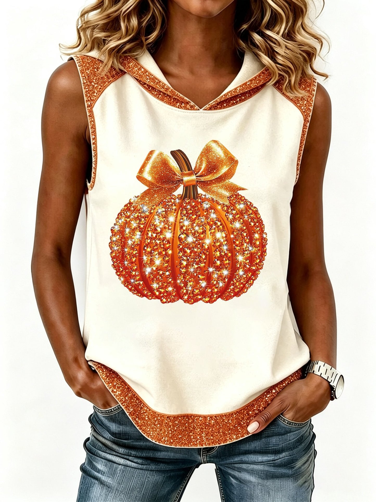 Women's Fall Patchwork Pumpkin Print Sleeveless Tops