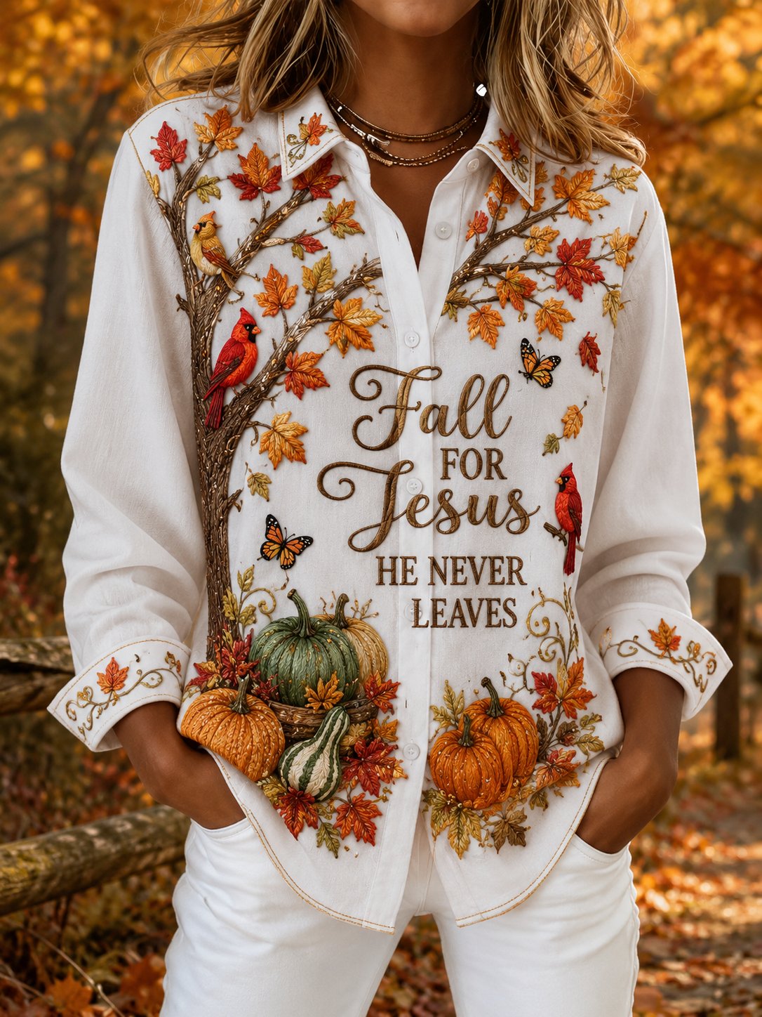 Women's Fall For Jesus He Never Leaves Print Shirt